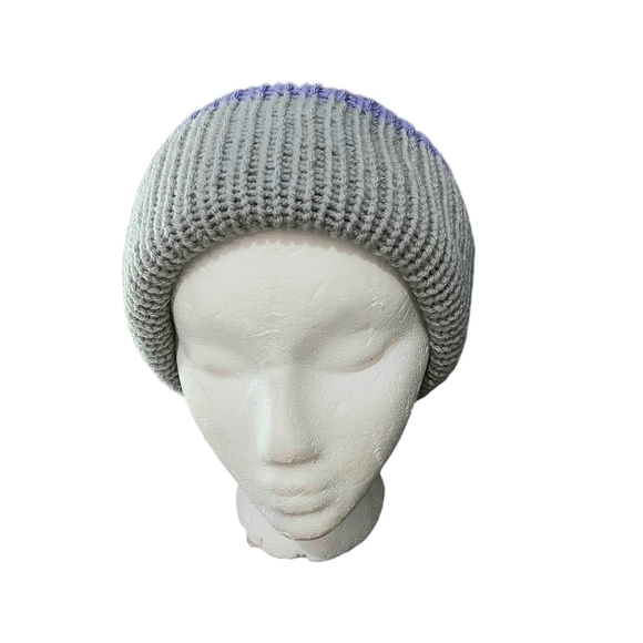 Handcrafted Reversible Knit Hat in Grey & Periwinkle - Picture 7 of 11